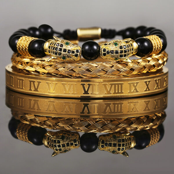 Wholesale Copper Micro-inlaid Zircon Double Leopard Head Black Onyx Woven Bracelet Men's Stainless Steel Roman Bracelet Stacked Bracelet Combination
