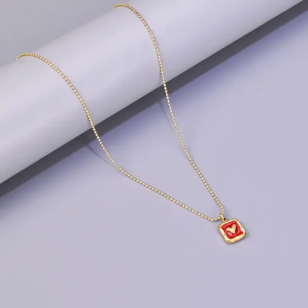 Wholesale 304 Stainless Steel Square Heart Shape PVD Coated Enamel 18K Real Gold Plated IG Style Waterproof Non Tarnish Enamel Ball Chain Lobster Trigger Clasp Closure Pendant Necklace