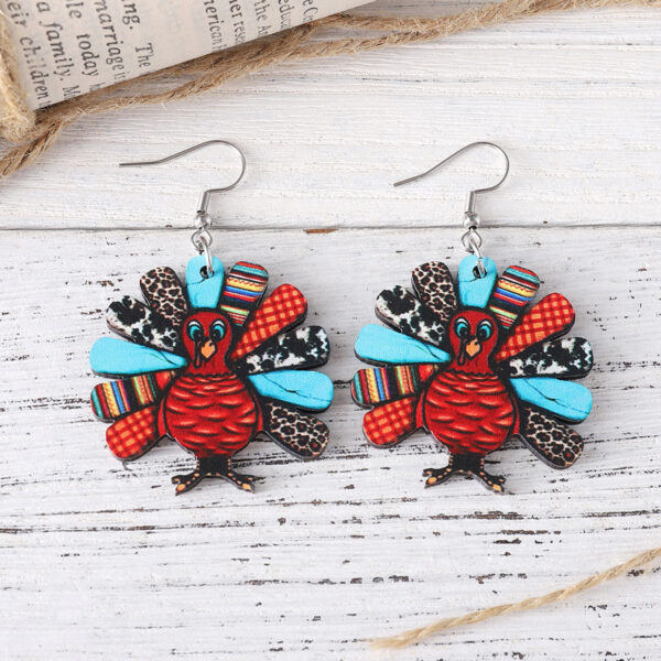 Wholesale Cross-Border New Thanksgiving Leopard Print Turkey Pendant Earrings Wooden Double-Sided Autumn Harvest Thanksgiving Party Earrings