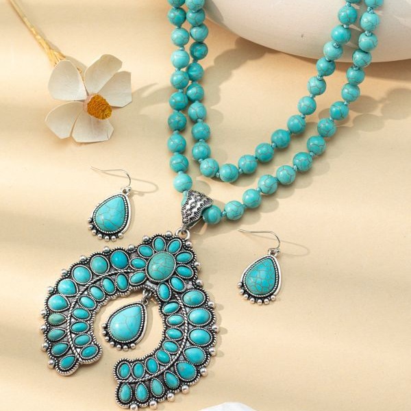 Wholesale European and American Retro Three-Layer Flower Earrings Turquoise Earrings Western Style Exaggerated Turquoise Beads Necklace Jewelry Set