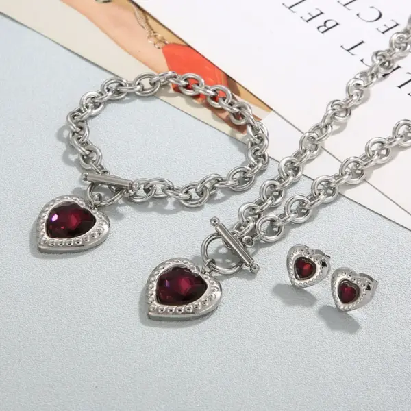 Wholesale Fashion Heart Shape Stainless Steel Plating Inlay Glass Bracelets Earrings Necklace