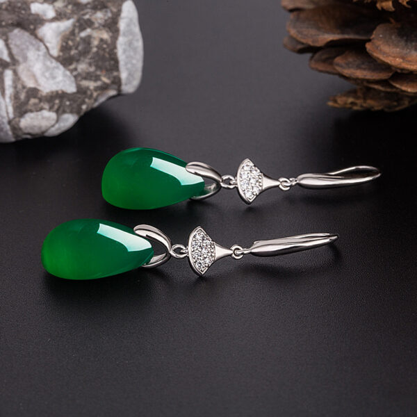 Wholesale Ethnic-style Drop-shaped Green Agate Earrings Women's Micro-Diamond Long Green Chalcedony Ear Hook Earrings for Mother Jewelry