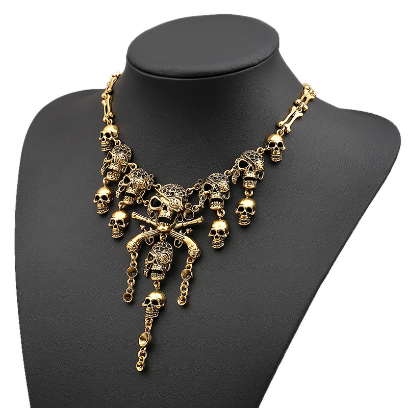 Wholesale aessories European and American retro exaerated multi-layer skull ghost head tassel alloy necklace wholesale women