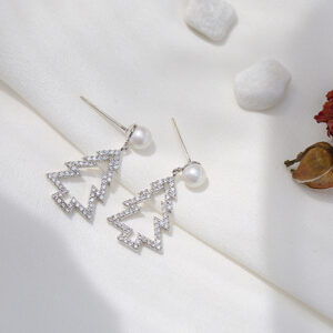 Silver needle: pearl earrings + White Diamond Christmas tree earrings