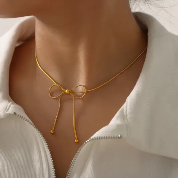Wholesale 304 Stainless Steel Bow Knot PVD Coated Real Gold Plated IG Style Simple Style Waterproof Non Tarnish Gold Silver Earrings Necklace