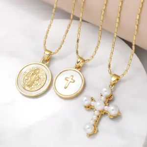 Wholesale Copper Bamboo Necklace 18K Gold Plated Plating Inlaid Shell Cross Virgin Mary Pendant Necklace
