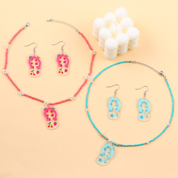 Wholesale Cross-border beach vacation style slippers earrings dopamine printed beaded acrylic necklace fashion set for women
