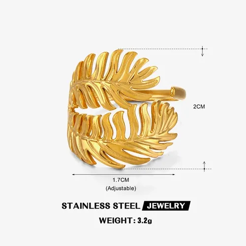 PVD Coated 18K Gold Plated Leaves 304 Stainless Steel IG Style Waterproof Non Tarnish Open Rings