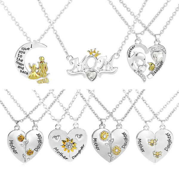 Wholesale Cross-border Hot Mother's Day Necklace Mother and Daughter Moon Love Heart-shaped Pendant Personalized Creative MOM Clavicle Chain Jewelry
