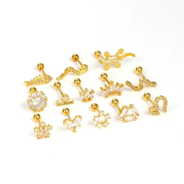 Wholesale 1 Piece Simple Style Heart Shape Crown Snake Plating Inlay Stainless Steel Zircon Cartilage Earrings