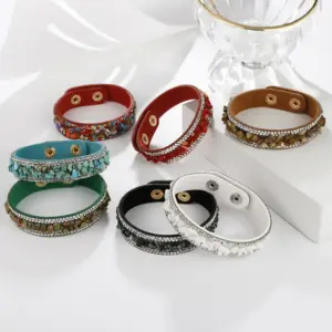 Retro Streetwear Geometric Pu Leather Stone Wristband In Bulk