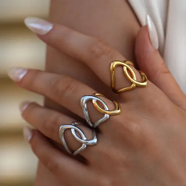 Wholesale Summer Ladies' 18K Gold Plated Stainless Steel Geometric Hollow Out Open Ring Adjustable Size Vacuum Electroplating Jewelry Accessory