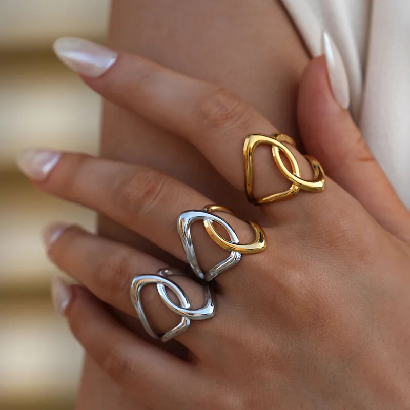 Wholesale Summer Ladies' 18K Gold Plated Stainless Steel Geometric Hollow Out Open Ring Adjustable Size Vacuum Electroplating Jewelry Accessory