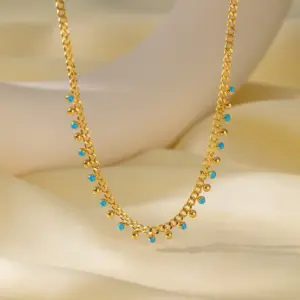 19【H1006】Blue and Gold Bead Necklace / Gold