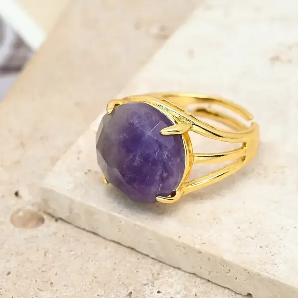 Wholesale Casual Modern Style Simple Style Round Natural Stone Copper 18K Gold Plated Amethyst Green Aventurine Lapis Lazuli Rings In Bulk
