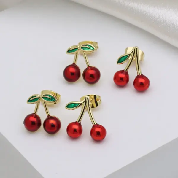 Wholesale 1 Pair IG Style Cherry Enamel Inlay Copper Zircon Ear Studs
