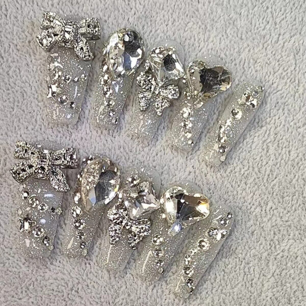 Wholesale Xishiji Manicure Purely Handmade Wearable Nails Heavy Industry Full Diamond Solid Color Explosive Long Fake Nails