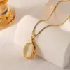 Wholesale 304 Stainless Steel Oval PVD Coated Cat's Eye Stone 18K Real Gold Plated Retro Waterproof Non Tarnish Inlay Pendant Necklace