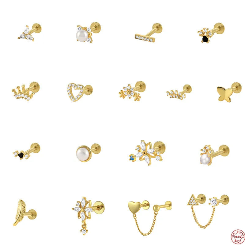 Wholesale 1 Piece Ear Cartilage Rings & Studs Fashion Heart Shape Crown Flower 925 Sterling Sier Plating Inlay Artificial Pearls Rhinestones