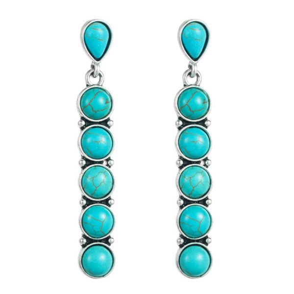 Wholesale Foreign Trade Hot Sale Turquoise Earrings Women's European and American Ethnic Style Ancient Silver Round Stone Creative Long Banquet Earrings