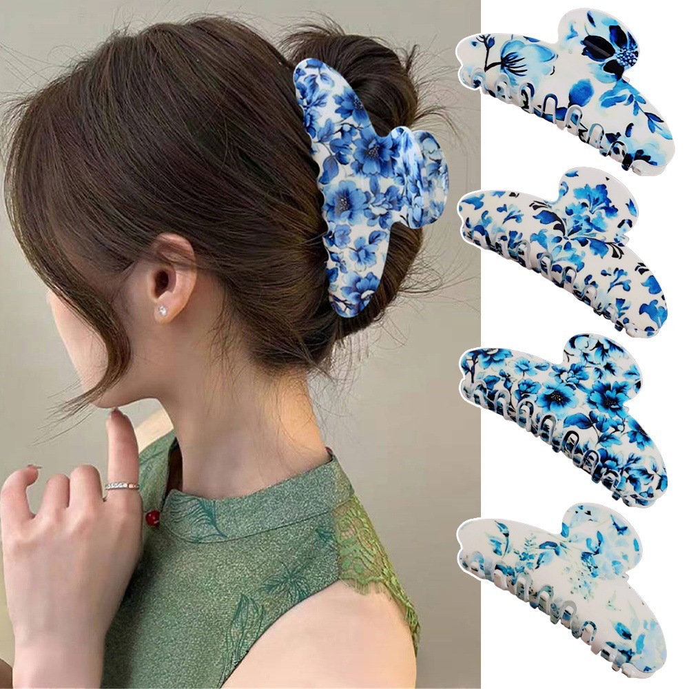 Wholesale New Blue and White rcelain Pattern Hairpin, Retro Blue and White Gripper, Elegant Elegant, Hair Claw on the Back of the Head, Shark Clip Hea
