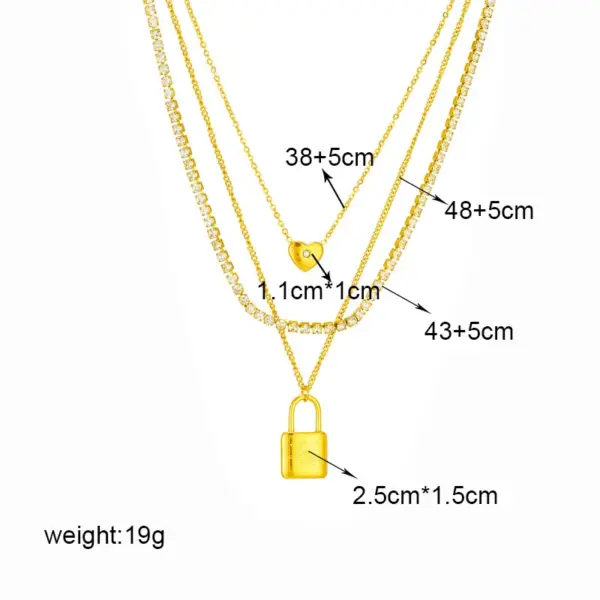 PVD Coated 18K Gold Plated Heart Shape Lock 304 Stainless Steel Retro Punk Waterproof Non Tarnish 304 Stainless Steel Three Layer Necklace