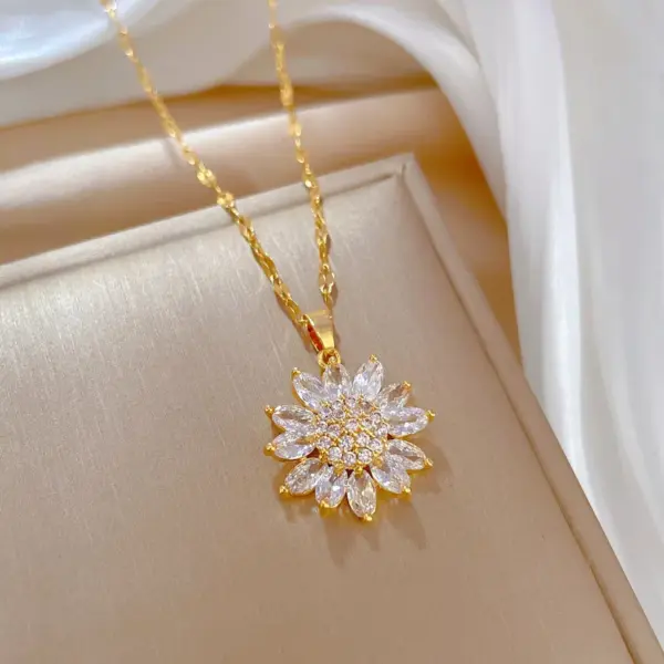 Wholesale Real Gold Plated 304 Stainless Steel PVD Coated Artificial Gemstones Flower Waterproof Non Tarnish Classic Style Pendant Necklace For Women's