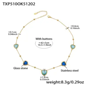 TXP510-Blue Glass Stone Gold Necklace 42+5cm