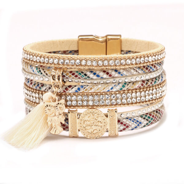 Wholesale Diamond-studded Bohemian Tassel Colorful Magnetic PU Leather Bracelet