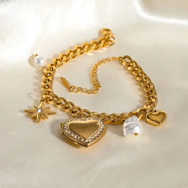 Wholesale 304 Stainless Steel Heart Shape Bow Knot PVD Coated Zircon 18K Real Gold Plated Real Gold Plated Simple Style Classic Style Waterproof Non Tarnish Pearl Inlay Cuban Link Chain Curb Chain Paperclip Chain Belcher Chain Multi Charms Bracelet