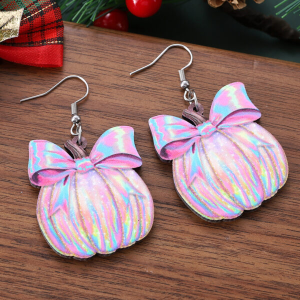 oly-029139b5d5e69e88fc6014c1808ec171 Wholesale Cross-Border New Bow Painted Pumpkin Pendant Earrings Wooden Double-Sided Thanksgiving Christmas New Year Gift