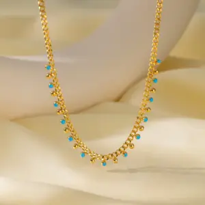 7 [Ah1006] Blue Beads Golden Balls Necklace / Gold