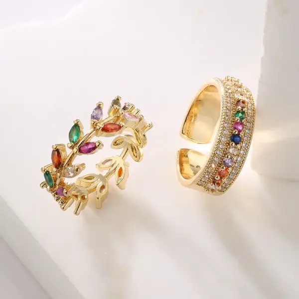 Wholesale Fashion Geometric Leaf Copper Gold Plated Zircon Open Ring 1 Piece