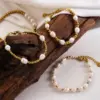 Vacation Sweet Solid Color 304 Stainless Steel 18K Gold Plated Freshwater Pearl Stainless Steel Bracelets In Bulk