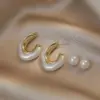 Copper C Shape Electroplated Pearl KC Golden Plated Casual Elegant Plating Inlay Apricot White Ear Studs