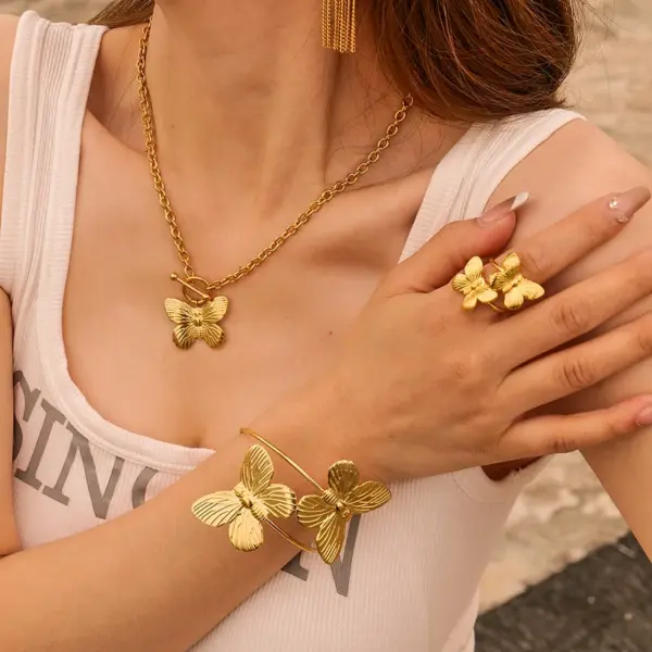 PVD Coated Real Gold Plated Butterfly 304 Stainless Steel Elegant Retro Waterproof Non Tarnish Open Rings