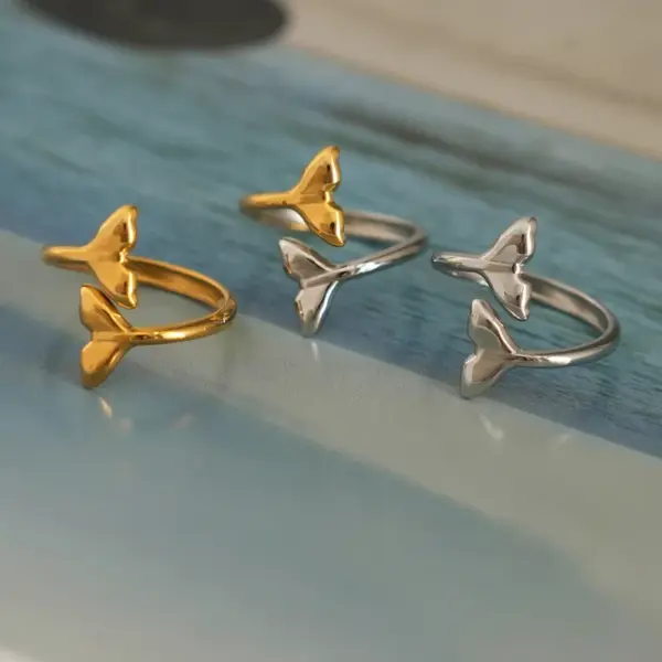 Ion Plating (IP) Real Gold Plated 18K Gold Fish Tail 304 Stainless Steel IG Style Vacation Beach Waterproof Non Tarnish Rings