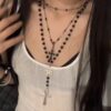 Wholesale Trendy Cool Vintage Dark Cross Bead Necklace Niche Long Sub-culture Spice Girls Beads High-grade Sense Woolen Chain