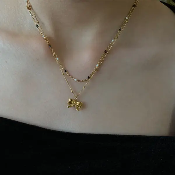Wholesale PVD Coated Real Gold Plated 18K Gold Bow Knot 304 Stainless Steel IG Style Waterproof Non Tarnish 304 Stainless Steel Necklace