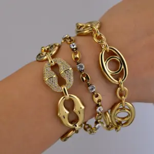 Wholesale Casual Retro Simple Style Geometric Lips 304 Stainless Steel 18K Gold Plated Zircon Cable Chain Bracelets In Bulk