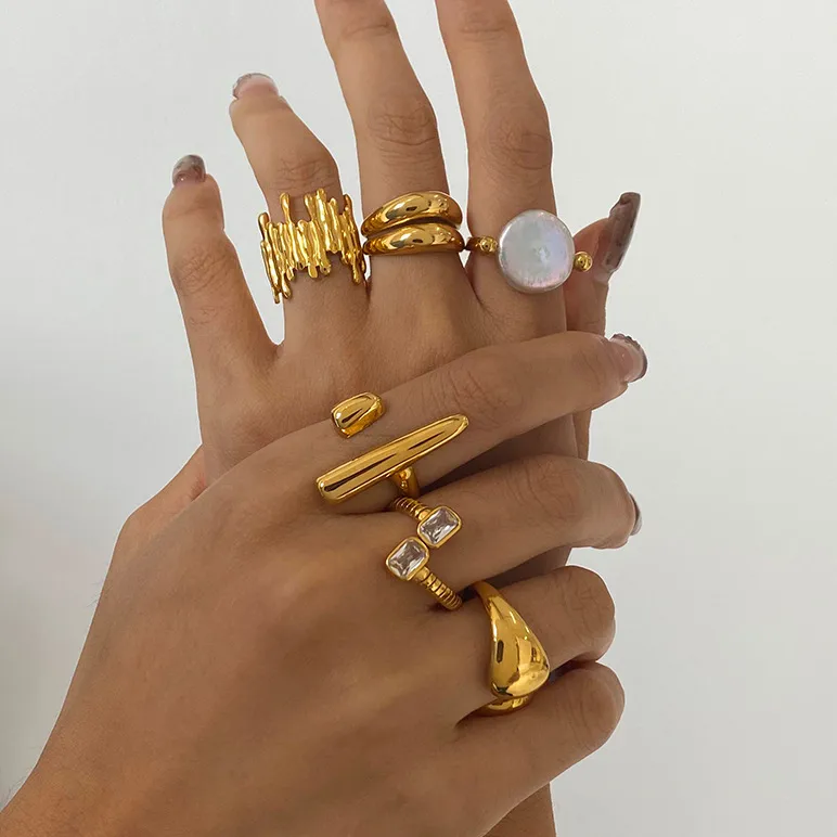 Wholesale PVD Coated Real Gold Plated Geometric 304 Stainless Steel Vintage Style French Style Waterproof Non Tarnish Open Rings Rings