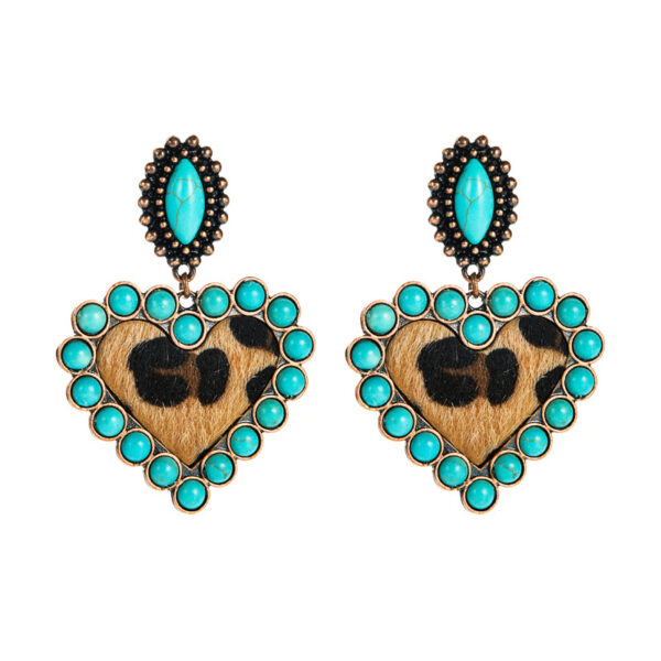 Wholesale Amazon fashion explosions earrings Europe and the United States creative leopard fabric inlaid turquoise love exaggerated niche ear jewelry