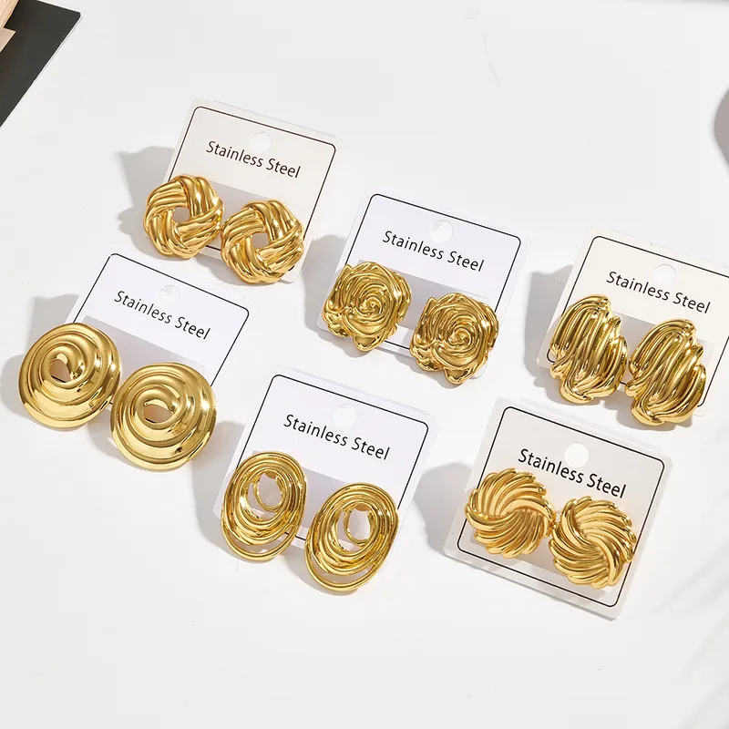 Wholesale Elegant Spiral Patterned Electroplated 304 Stainless Steel Round And Oval Shaped Ear Studs Women's Fashion Jewelry Earrings