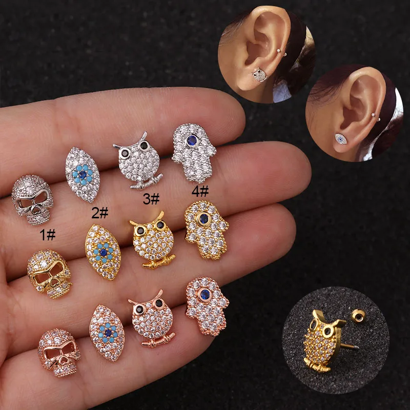 Wholesale 316L Stainless Steel Copper Zircon Ear Cartilage Rings & Studs Cartoon Character Waterproof Non Tarnish Surgical Steel Women'S
