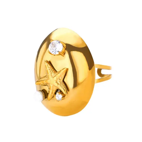 Wholesale PVD Coated Real Gold Plated Starfish Shell 304 Stainless Steel Elegant Lady Waterproof Non Tarnish Open Rings