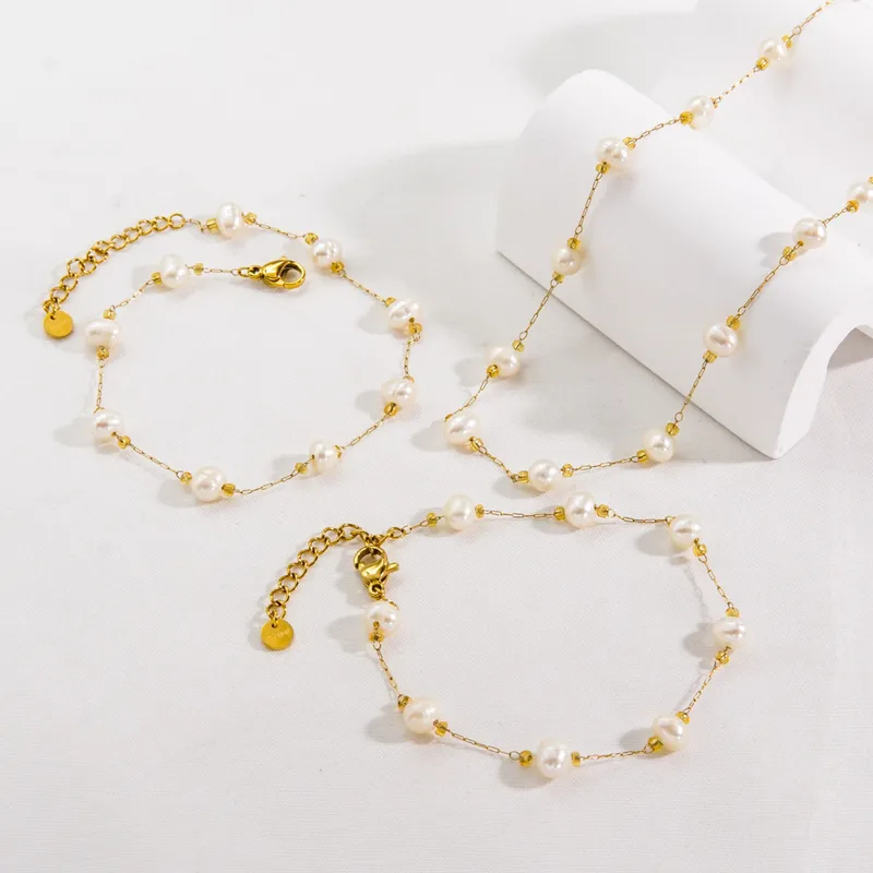 Wholesale PVD Coated 14K Gold Real Gold Plated Solid Color 304 Stainless Steel Imitation Pearl Simple Style Waterproof Non Tarnish Bracelets Anklet Ne