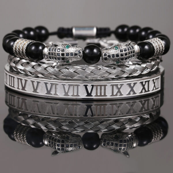 Wholesale Copper Micro-inlaid Zircon Double Leopard Head Black Onyx Woven Bracelet Men's Stainless Steel Roman Bracelet Stacked Bracelet Combination