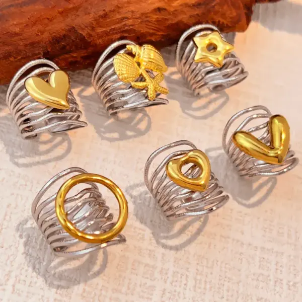 Wholesale 18K Gold Plated 304 Stainless Steel Vacuum Electroplating (In Furnace) Geometric Circle Sun Heart Shell (Jewelry) Waterproof Non-Fading Asymmetric Classic Open Ring