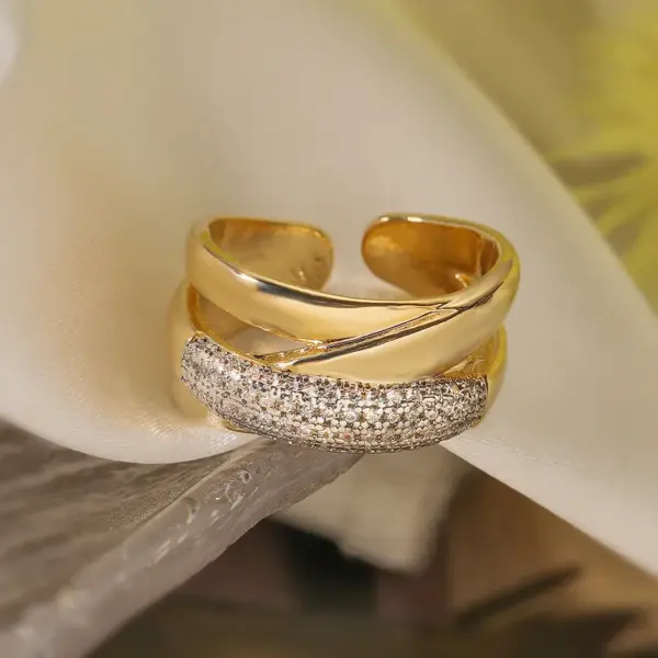 Wholesale Retro Geometric Solid Color Copper Inlay 18K Gold Plated Zircon Open Rings