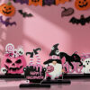 oly-0344280dd6fe97a142d9fa9732f29450 Wholesale 4 Halloween Pink Pumpkin and Dwarf Wooden Figurines with Bases - Halloween Desktop Wooden Figurines
